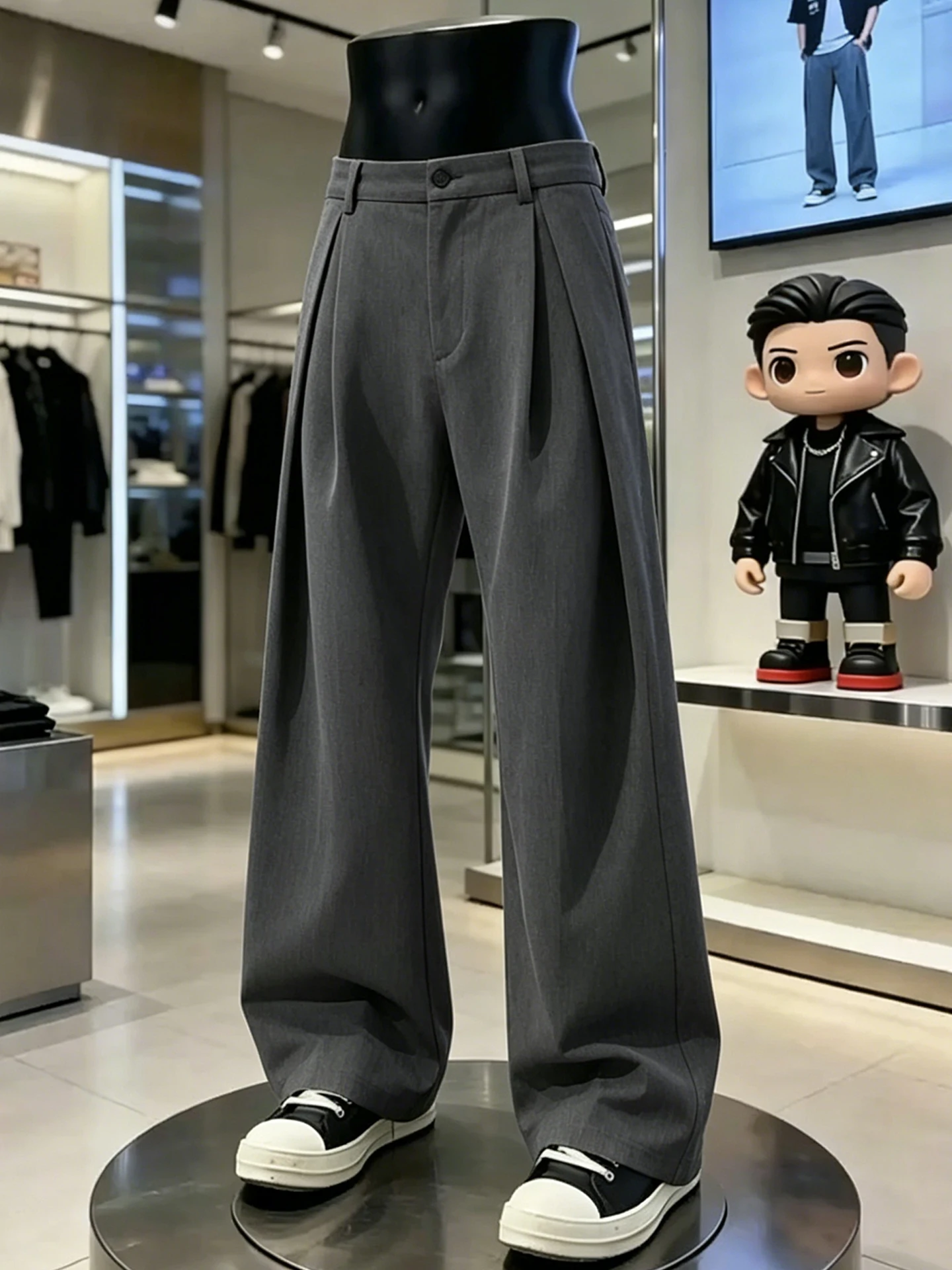 Gray Men's Wide Leg Casual Pants Double Pleat Micro Flared Drapey Elegant Fashionable Summer Leisure Straight Cut Trousers