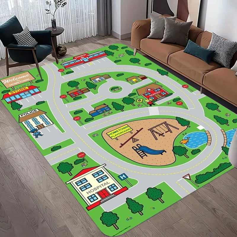 Cartoon City Road Traffic Car Educational Kids Play Area Rug Non Slip Soft Carpet For Playroom Bedroom Decor