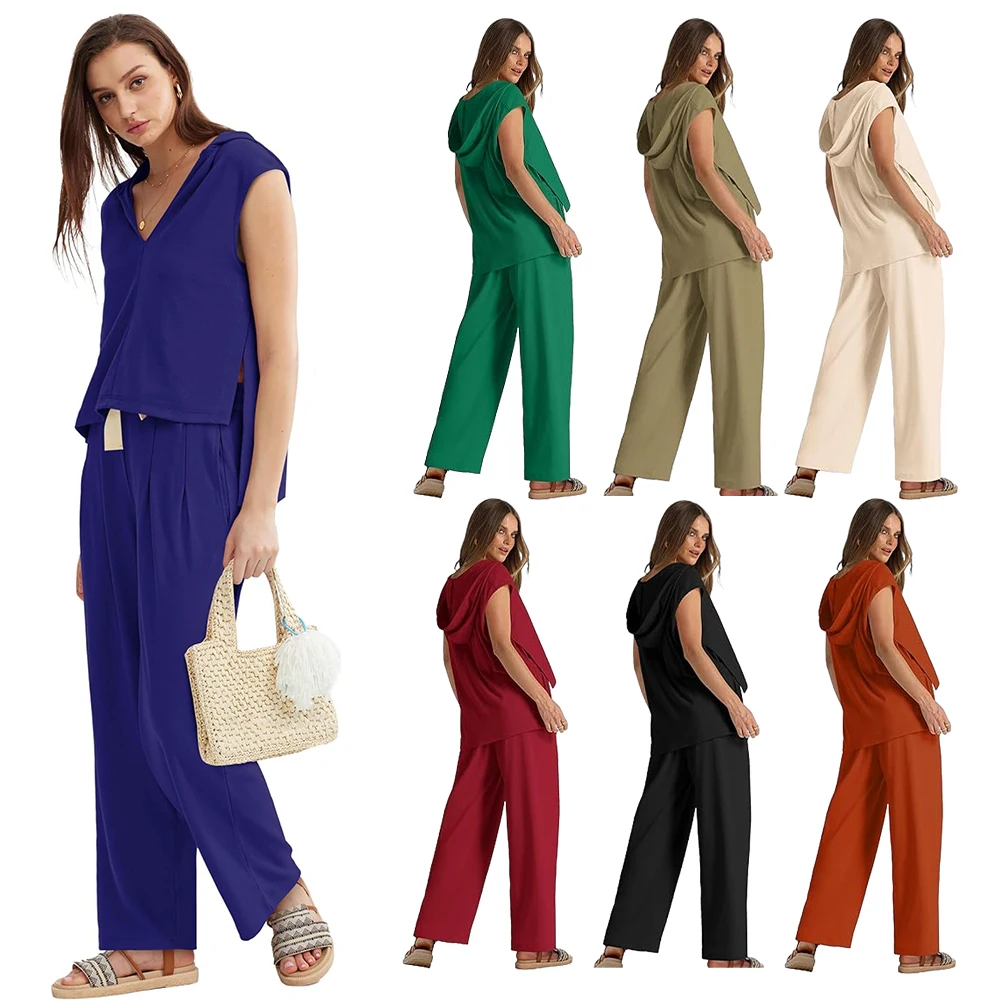 2024 New Fashion Short Sleeved Hooded Top Long Pants Set for Women Summer Casual Solid Loose Wide Leg Trousers Female 2 Pcs Set