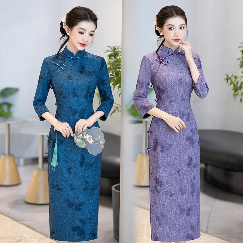 

Фиолетовый новый улучшенный Cheongsam с длинными рукавами в китайском стиле для женщин, осень 2022, элегантное молодежное длинное Ципао