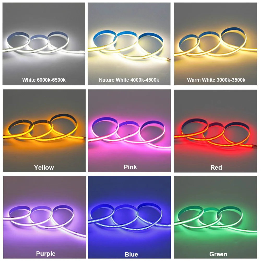 DC5V 12V 24V COB LED Strip Light 320 480 LED High Density Flexible Led Tape Ribbon 8mm Width RA90 Ice Blue White Red Green Pink