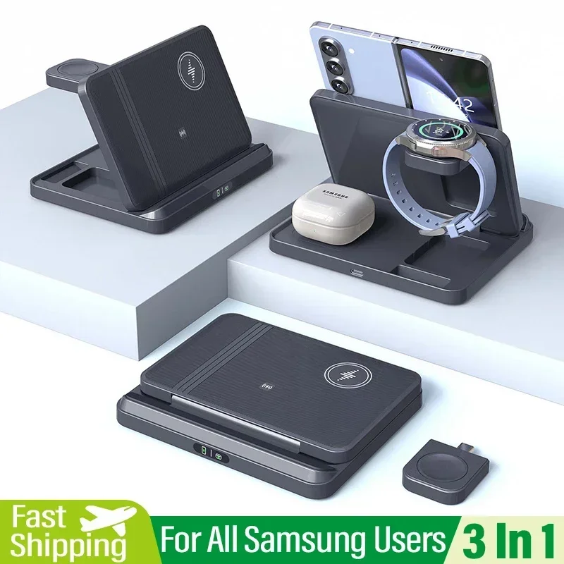 VIKEFON  Wireless Charger Stand For Samsung Z Fold Zflip5 S24 S23 Ultra Galaxy Watch 6 5 Bud Foldable Fast Charging Dock Station