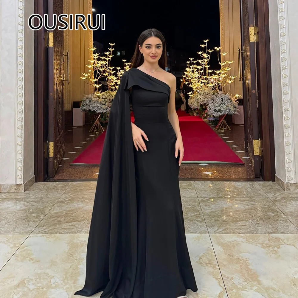 Simple One Shoulder Chiffon A-line Evening Arab Dress Backless Floor-Length Bridal Evening Saudi Gown with Cape Custom Made