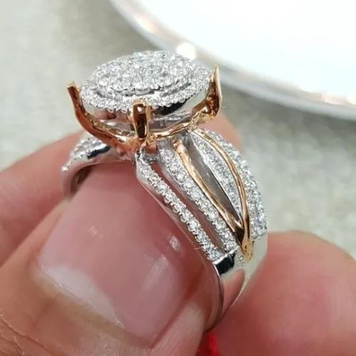 New micro-set diamond-plated 14k rose gold two-tone ring, luxury banquet engagement ring
