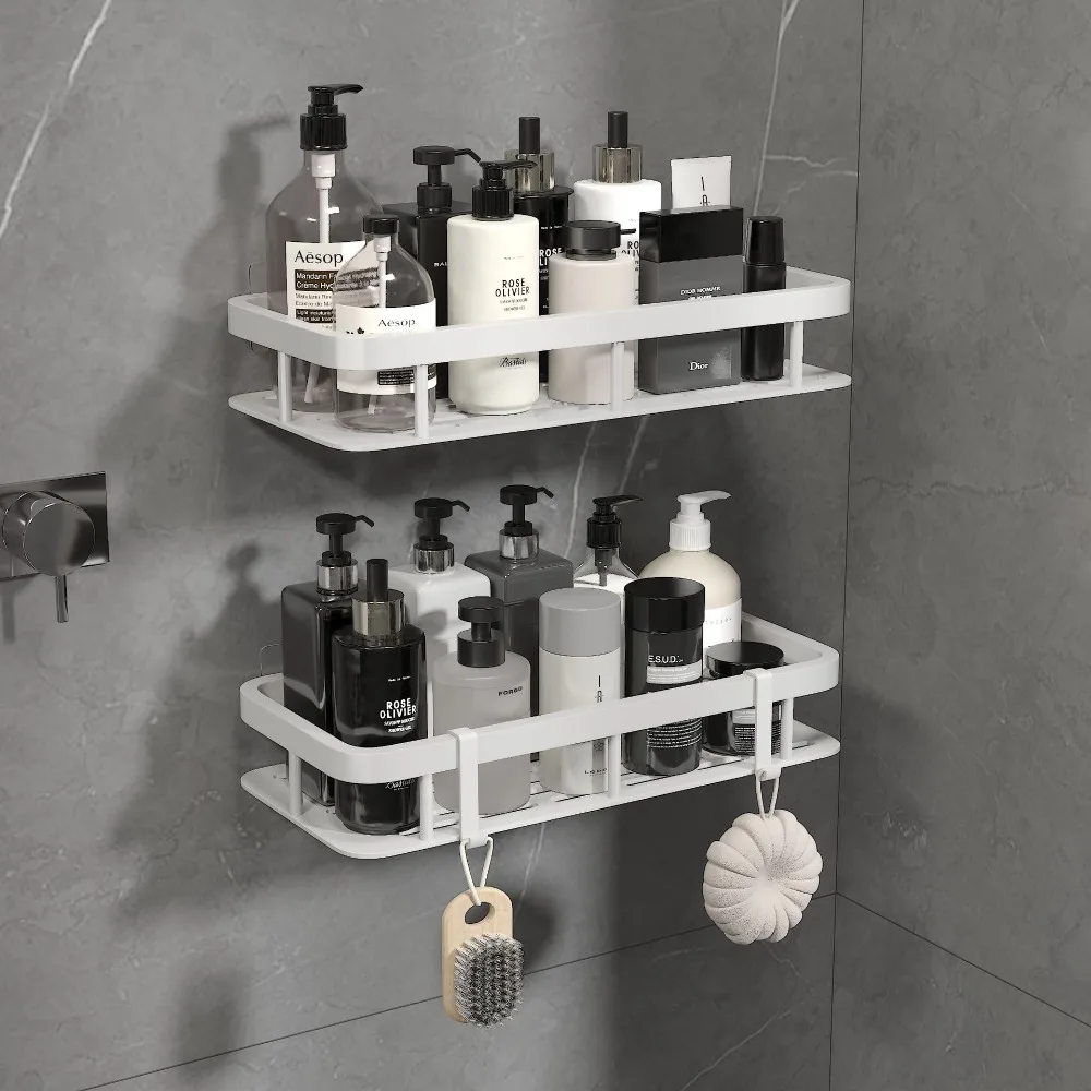 Wandmontiertes Badezimmerregal, Rechteckiges Duschablage-Regal, Shampoo-Halter und Handtuchhalter-Organizer für Bad und Küche