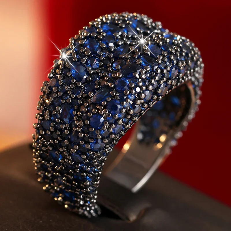 Luxurious Wide Face Ring For Women Gorgeous Full Inlaid Blue Synthetic Zircon Ring Party Temperament Jewelry Accessory