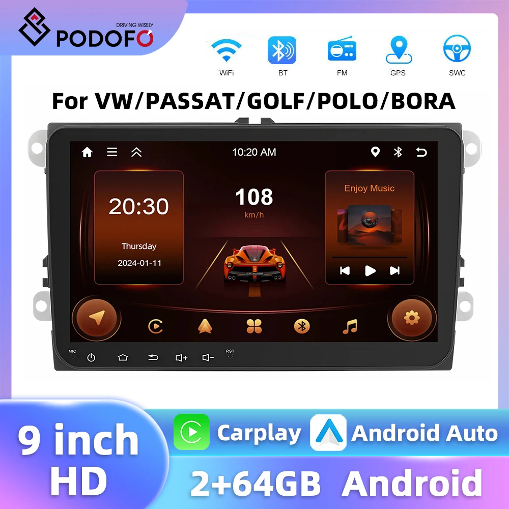 Podofo 2+64G 4Core Car Audio For VW/MAGOTAN/PASSAT/TIGUAN/GOLF Car Stereo Carplay Android Auto GPS Navigation WIFI FM RDS Radio