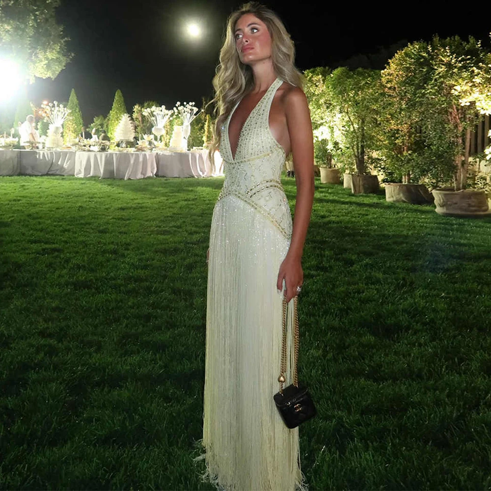 Exquisite yellow Tassel Evening Dress  Halter Backless Customized Prom Dresses Delicate Sequined and Beading Celebrity Gowns