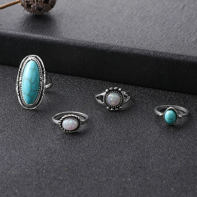 DIY accessories Cross-border retro turquoise engraved feather ring set, ethnic bohemian 4-piece joint ring combination