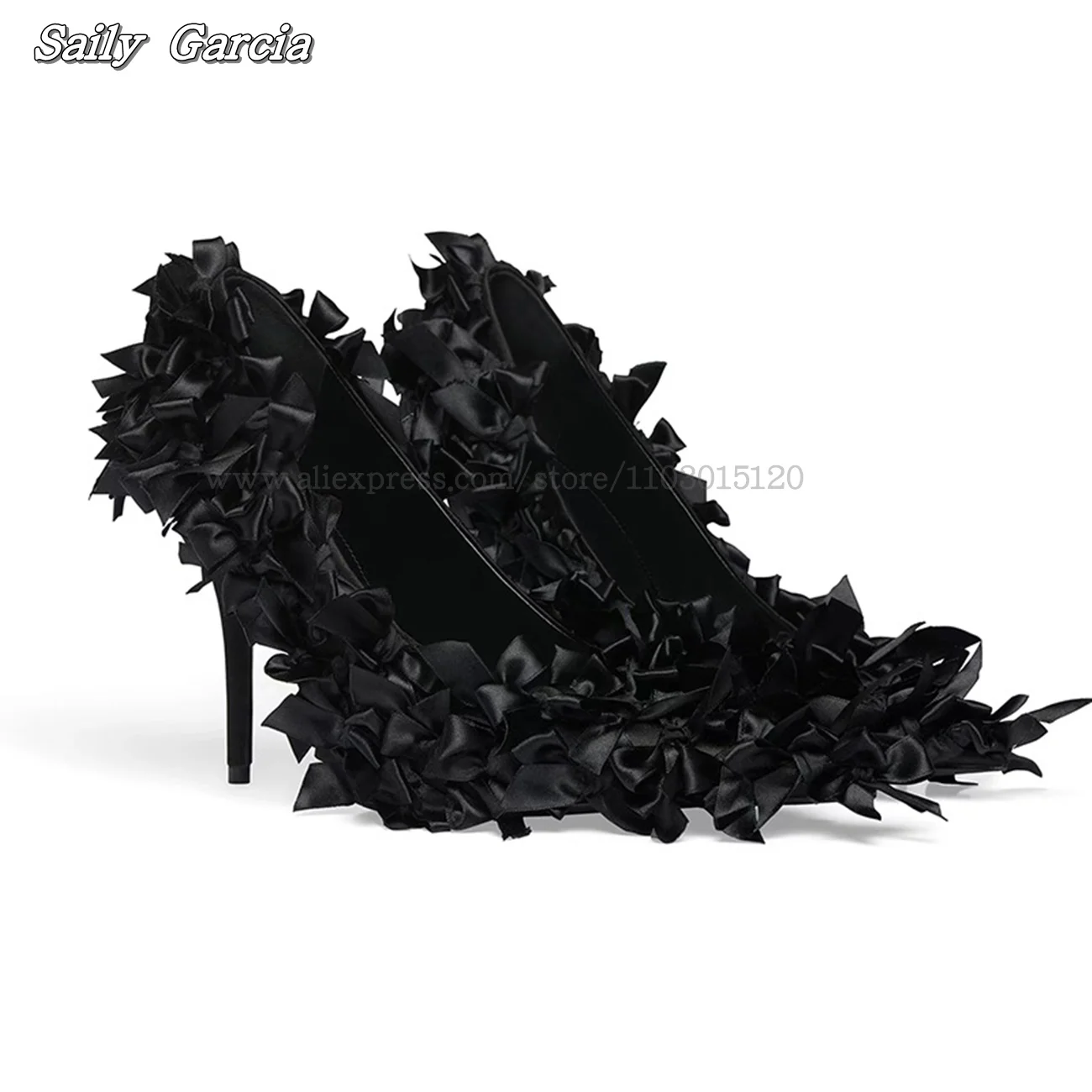 

Black Silk Bow Knot Slip On Sexy Lady Luxury Pumps Pointed Toe Catwalk Style Size 34-40 Shallow Pumps 10CM Heel Sexy Party Pumps