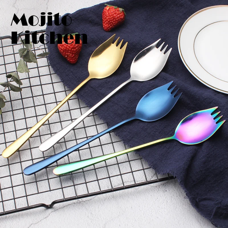 

4PCS Stainless Steel Salad Spoon Fork Korean Long Handle Golden Fruit Western Food Integrated Dual-use Pasta