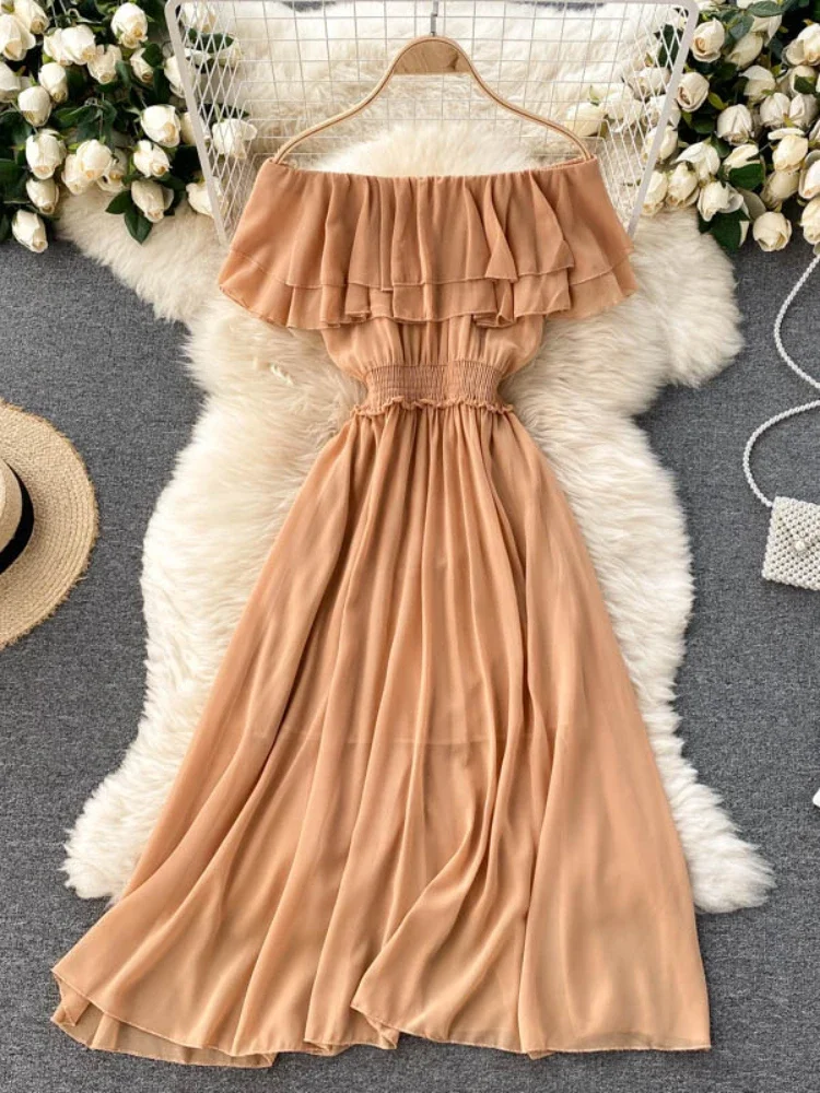 Women Chiffon Beach Dress Sexy Double Layer Ruffled Off The Shoulder Boho Dresses Ladies Sweet Slash Neck Long Dress