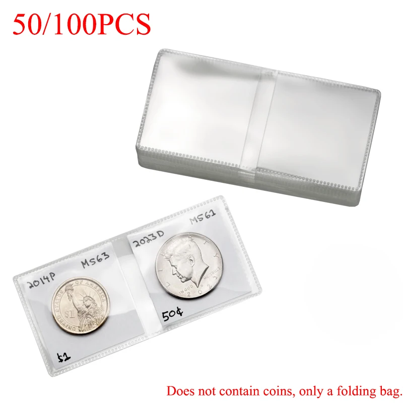 50/100PCS Coin Folding Bags Double-Pocket Plastic Coin Flip-Top Storage Bags Transparent and Secure for Long-Term Coin Storage