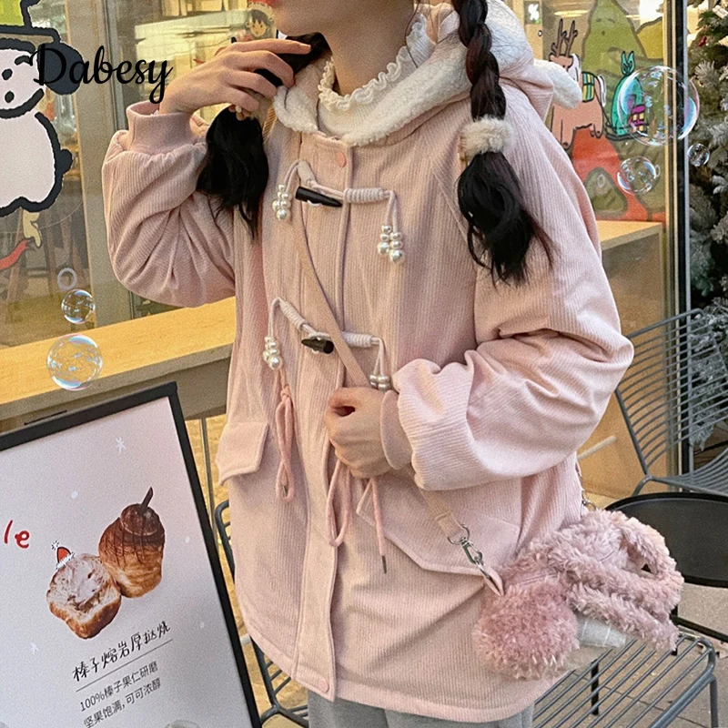 Japanese Harajuku Kawaii Pink Rabbit Corduroy Hooded Parkas Women Casual Loose Warm Fleece Jacket Winter Padded Overcoat Female