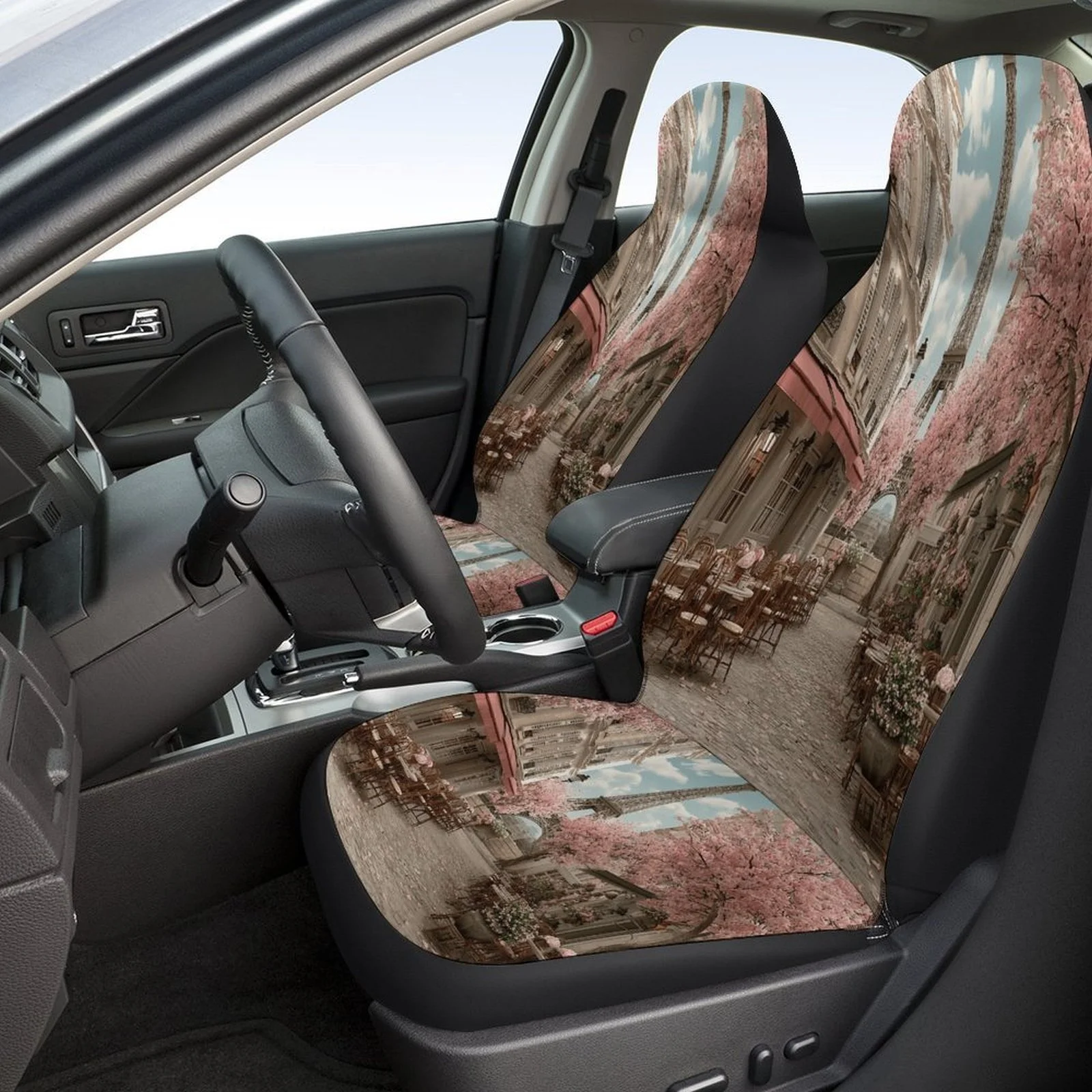 A Set Of Car Seat Covers Featuring A Romantic Paris Street Design, Suitable For Most Vehicles. These High-Quality, Comfortable P