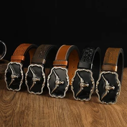 Zwarte Kop Grote Bull Head 3.7Cm Breed Heren En Dames Western Bull Head Denim Stijl Stier Scalprendy Riem Gladde Gesp