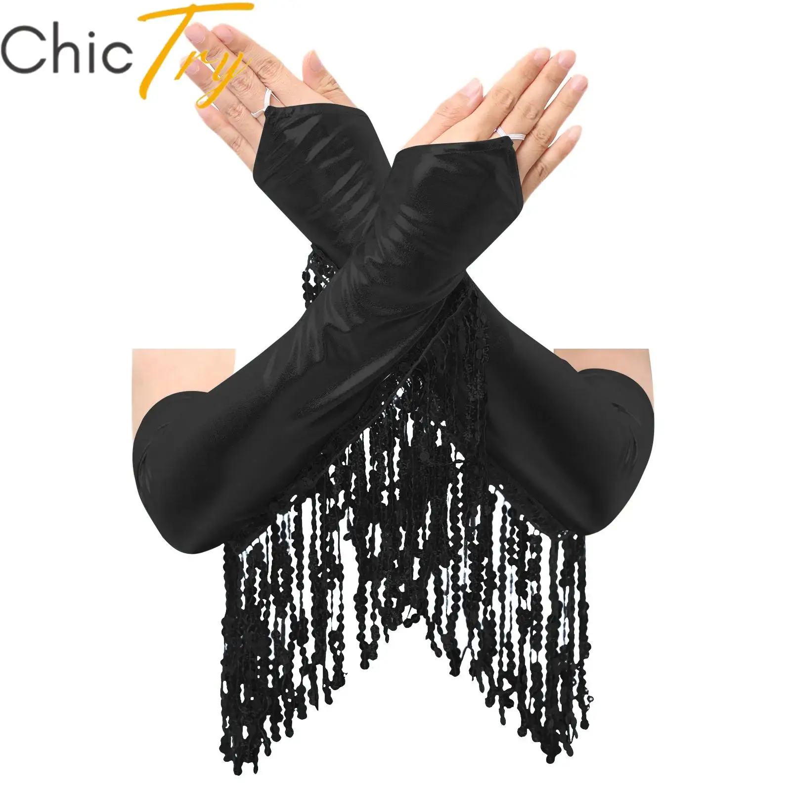 

Womens 1920s Tassel Glitter Long Gloves Vintage Party Mittens Stage Opera Performance Cosplay Elbow Length Fingerless Gloves