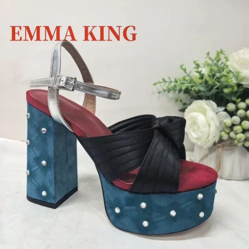 Women's Platform Block Heel Sandals, Open Toe Ankle Strap High Heels with Bow & Pearl Crystal,Colorblock Party Dress Pumps,35-43