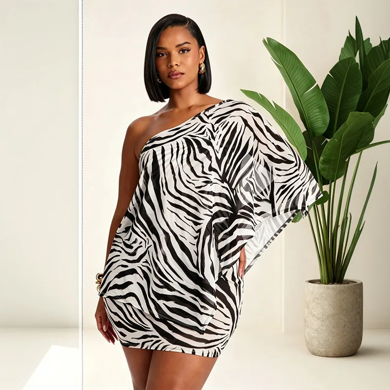 Zebra Striped Print 2 Piece Set Women Fashion Sexy Strapless Bodycon Mini Dress + Irregular Mesh Shawl Cape Party Clubwear Suits