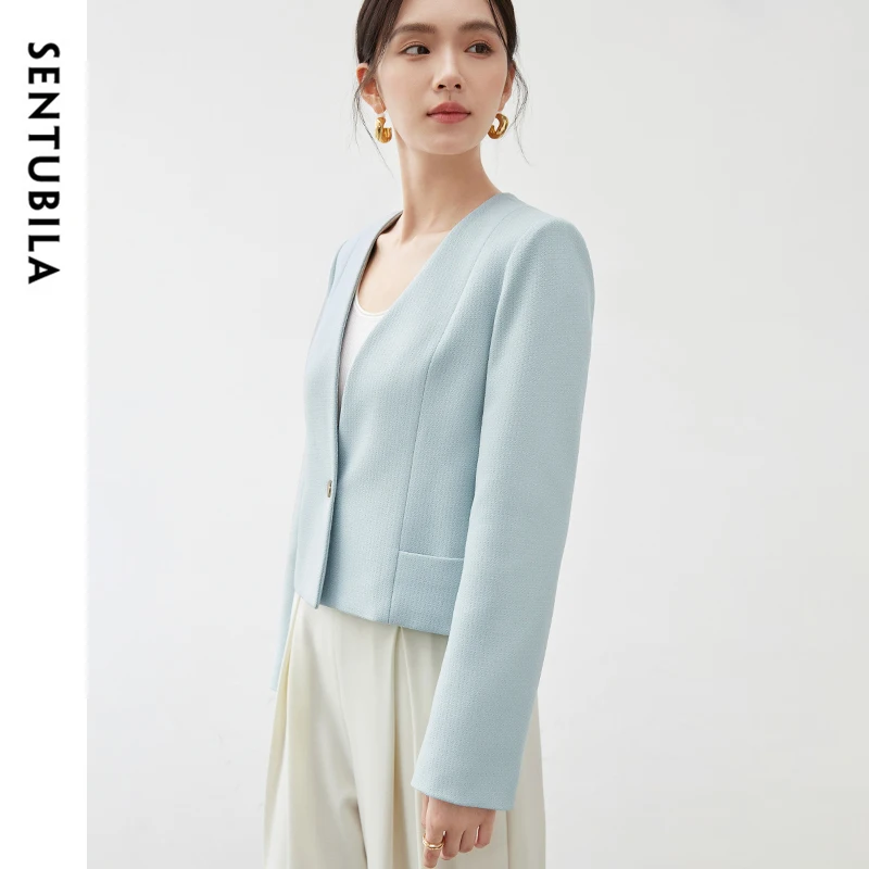 SENTUBILA Elegant Straight Jacket Women 2024 Fall Solid Simple V Neck Single Button Long Sleeve Cropped Female Clothes 143W56517