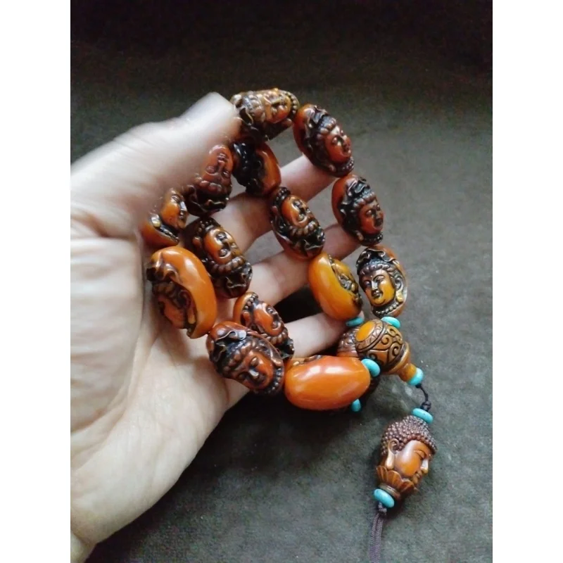 Antique Collection Tibetan Legend Beeswax Guanyin Buddha Beads Handheld Bracelet Old Wrapped Pulp Guanyin Beads Handheld