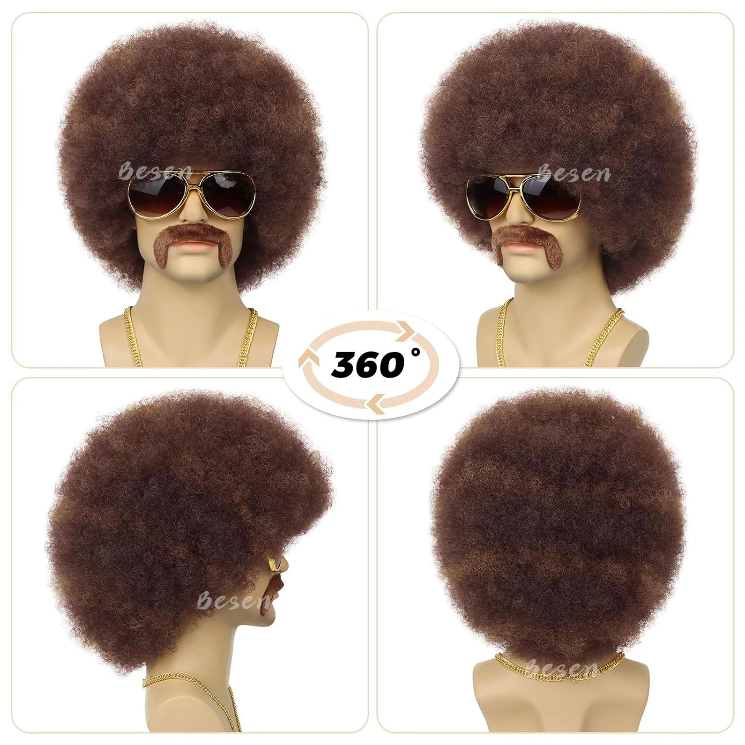 Synthetic 70s Afro Wig for Men Costume Disco Wig Short Curly Wig Fluffy Funny Wig for Party Halloween Hippies Rocker