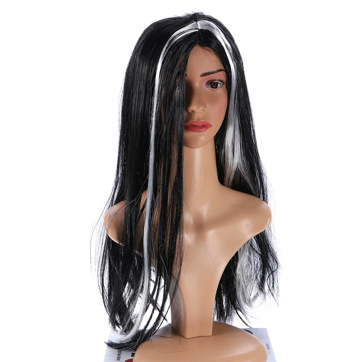 

Women Girls Long Straight Black Synthetic Fiber with white highlight Ghost For Halloween Cosplay Costume