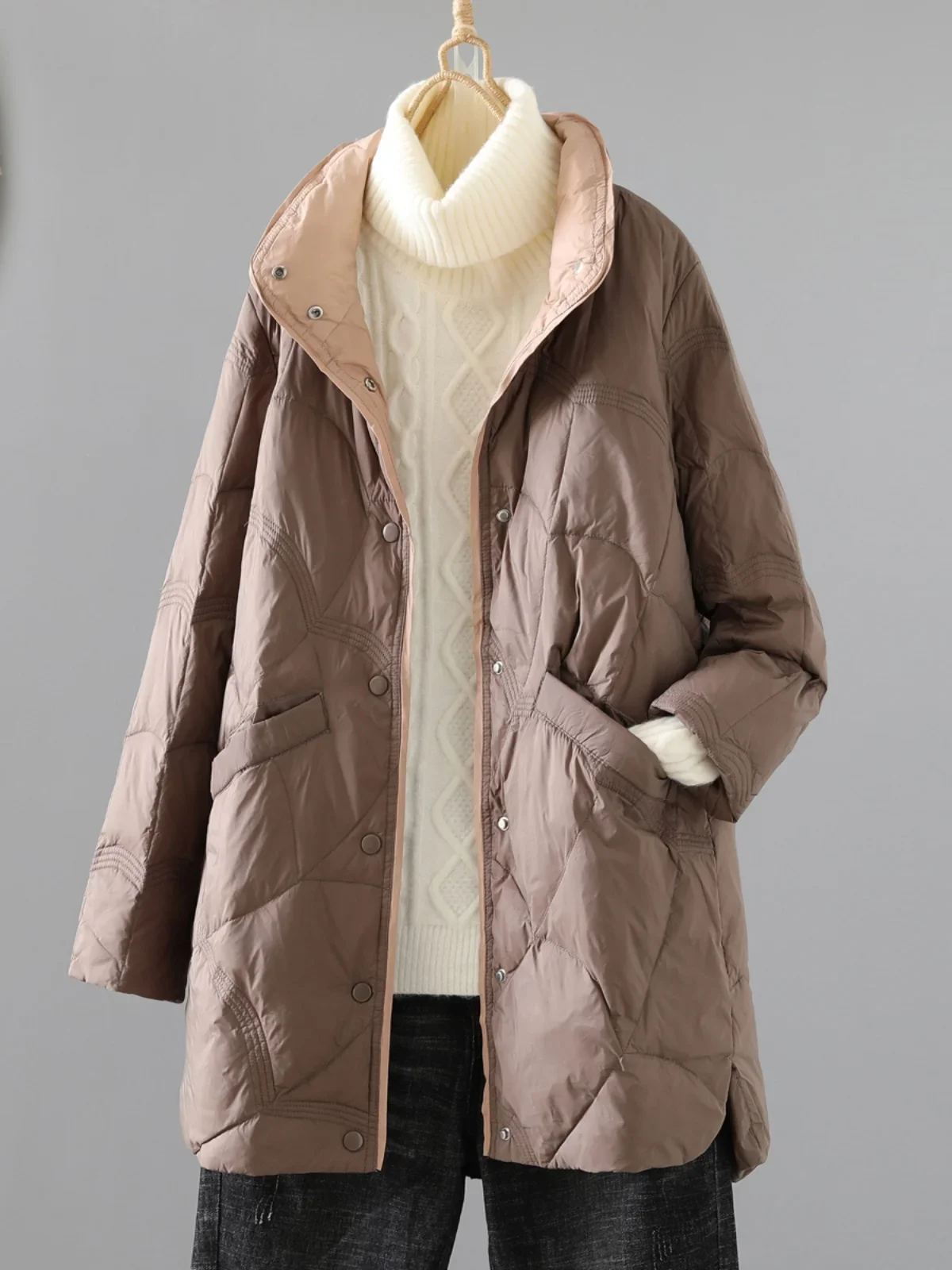 

Women's Winter Casual Warm Coat Stand Collar Color Blo Outerwear Artistic Loose Fit Long Lightweight Cotton
