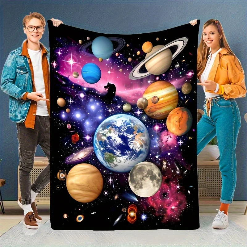 Vintage Space Flannel Blanket - Cosmic Planets Stars, Tear-Resistant All-Season Throw for Camping, Travel Home Decor
