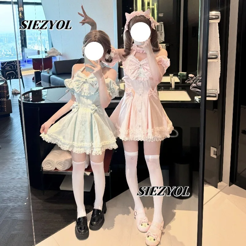Original Lace Bow Neck Plaid Short Dress Japanese Sweet Girls Off-shoulder High Waist Slimming Sling Dress and Shorts Set