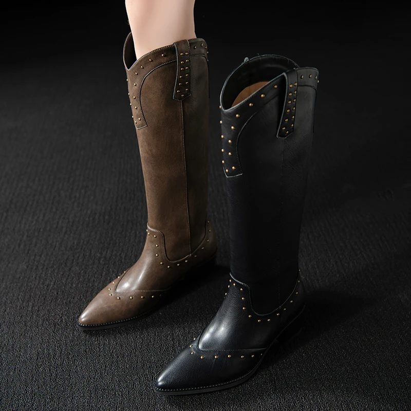 

Genuine Leather Western Cowboy Booties Retro Knee High Boots,Rivet woman boots,knight boots,Modern boots,High Heel Boots