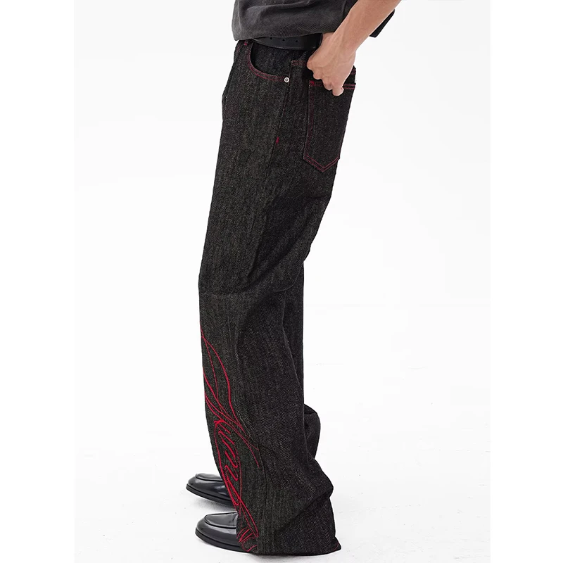 2026 Vintage Washed Black Men's Jeans Letter Embroidery Straightl Eg Denim Long Pants Fashion Autumn Winter Trousers