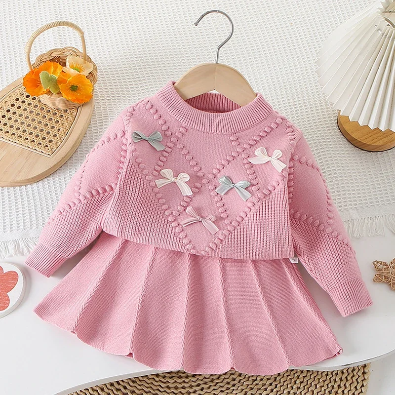 2025 New Autumn 2-6Yrs Baby Girls Clothing Set Children Knitted Clothes Suit Long Sleeved Knitted Pullover Top+Short Skirt