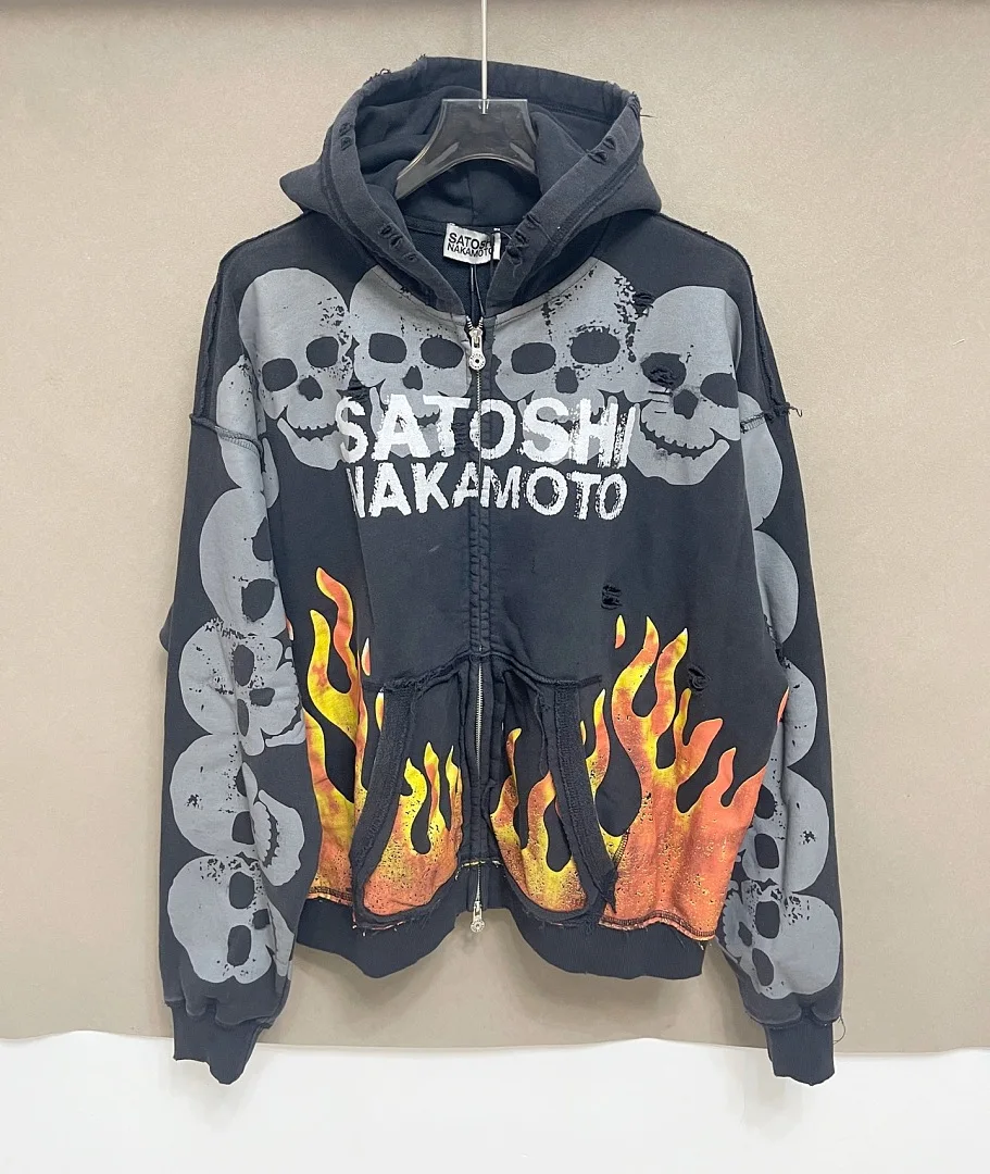 2026 Best Edition Satoshi Nakamoto Black Skull Fire Printed Women men Zip-up Hoodies Sweatshirt Oversized Men Hoodie Pullover