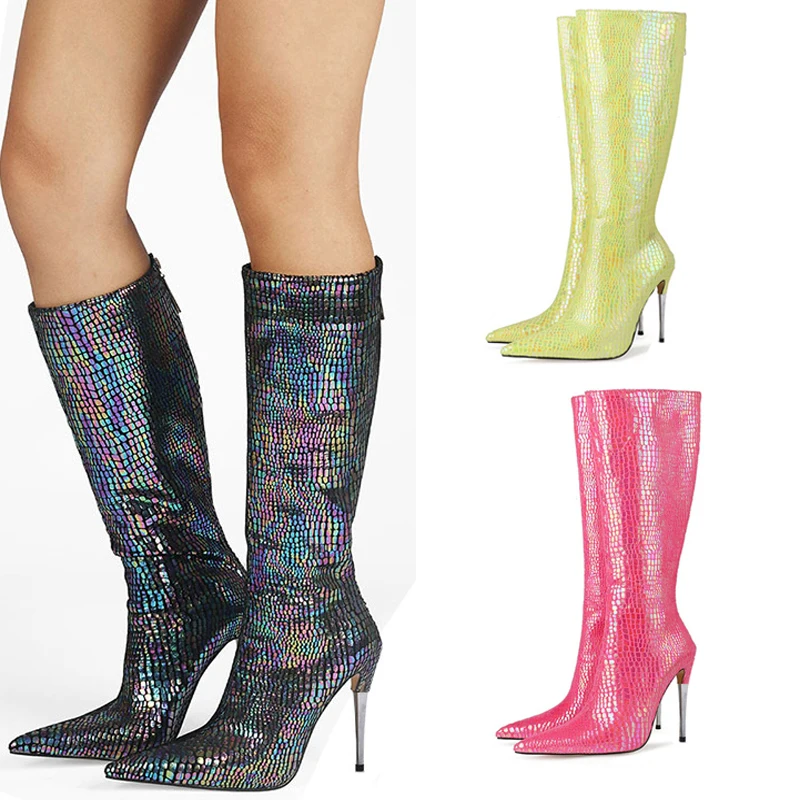 Sexy Intrigue Peacock Blue Embossed Sequins Knee Boots Metal Stiletto High Heels Pointed Toe Slip On Woman Performance Boots
