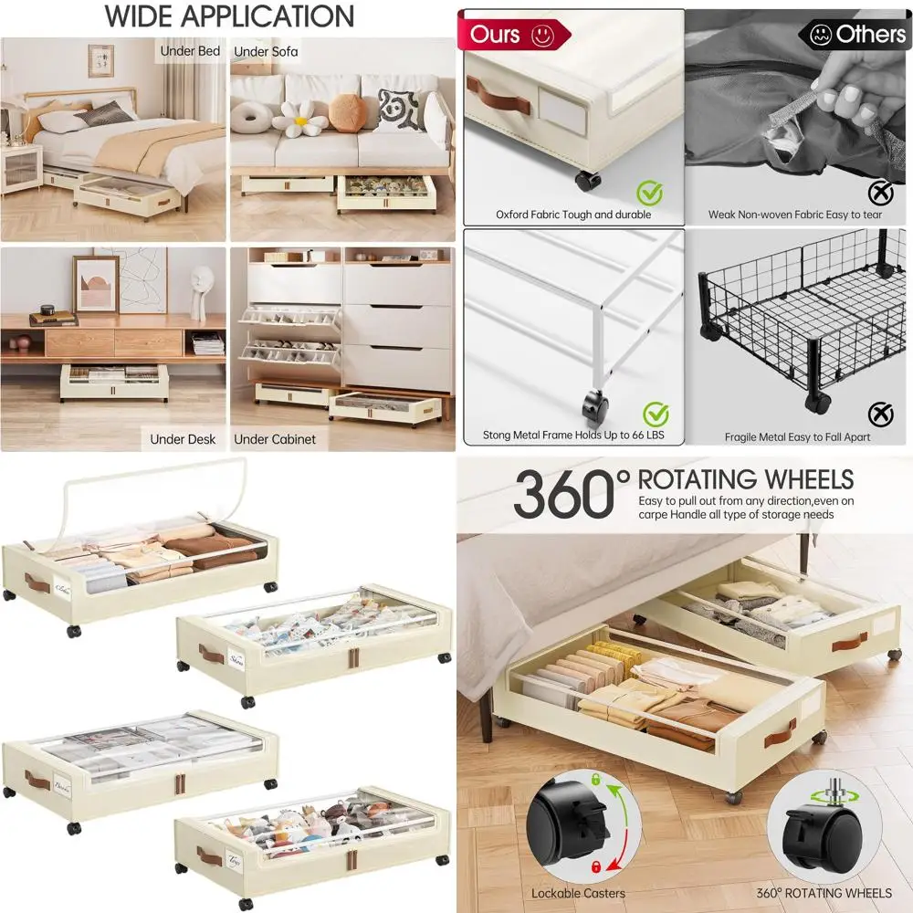 

Rolling Under-Bed Storage Boxes with Wheels, Clear Lids & Labels for Clothes, Blankets, Books