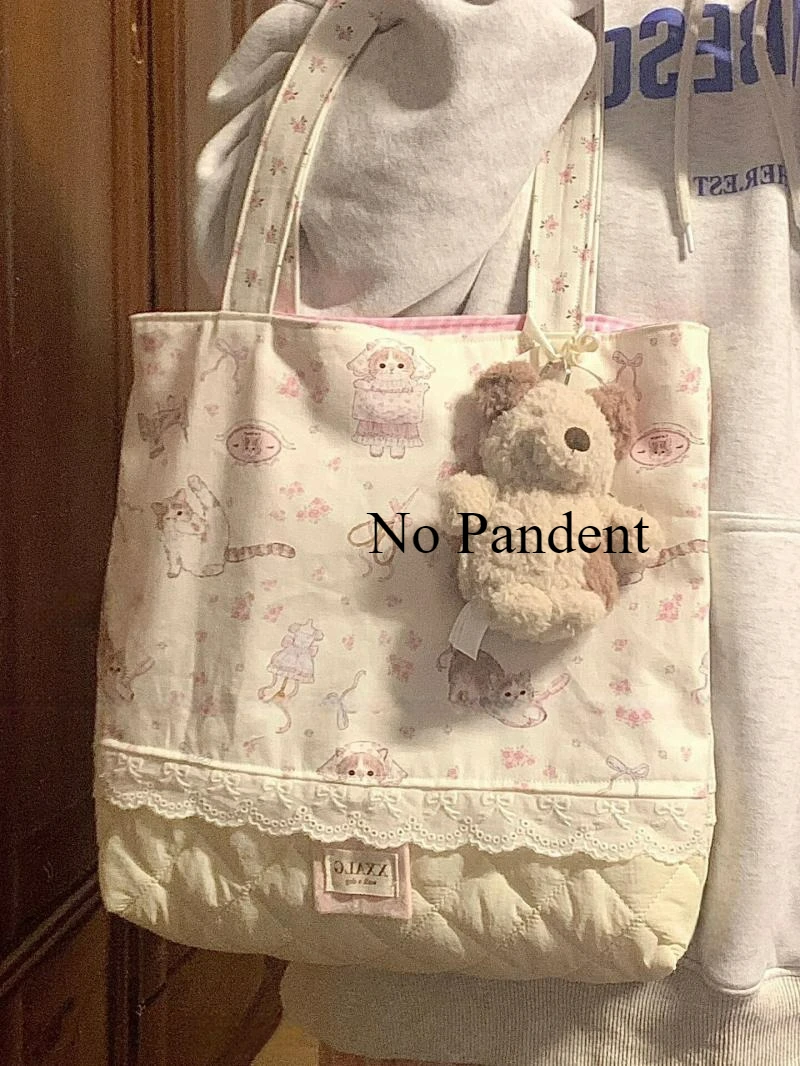 

Ins Girl Floral Canvas Bag Cute Commuter Versatile Kitten Lace Tote Shoulder Bags