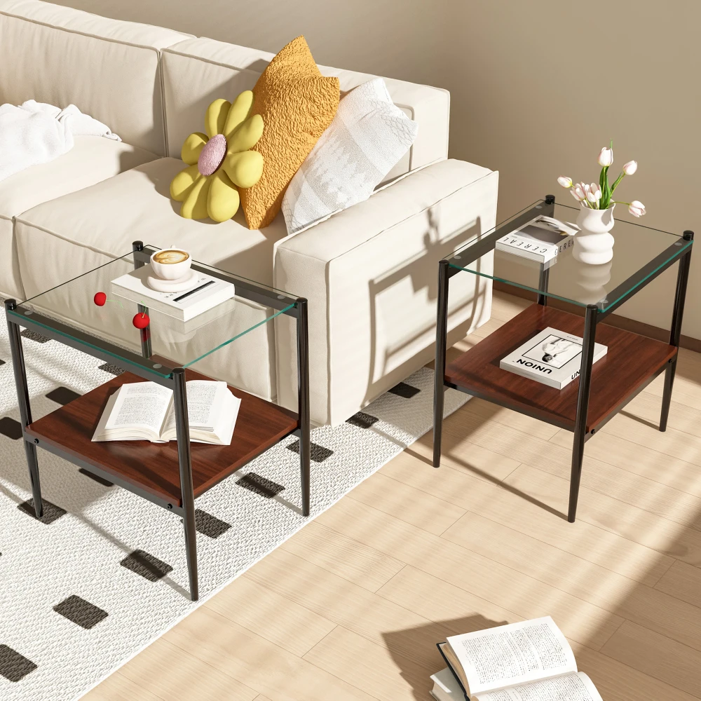 Set of 2 Rectangle End Table, Tempered Glass Tabletop with MDF layer, Modern Table for Living Room