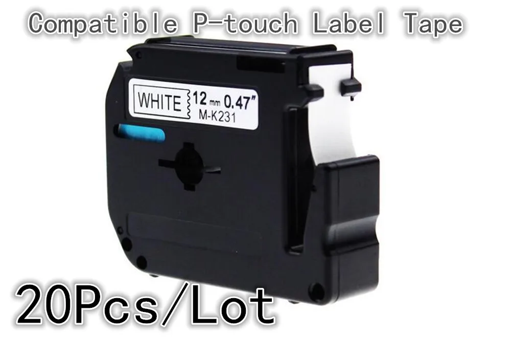 

Label 20PCS/Lot Compatible P-touch M231 MK231 M-k231 Label Tape Black on White 12mm (1/2 Inch) Width x 8m (26.2 Feet) Length