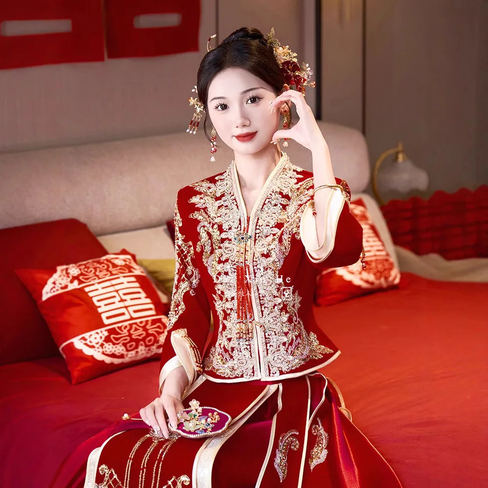 

Yourqipao Китайское традиционное атласное бархатное свадебное платье Xiuhe, женский свадебный костюм для тостов, Cheongsam для приема