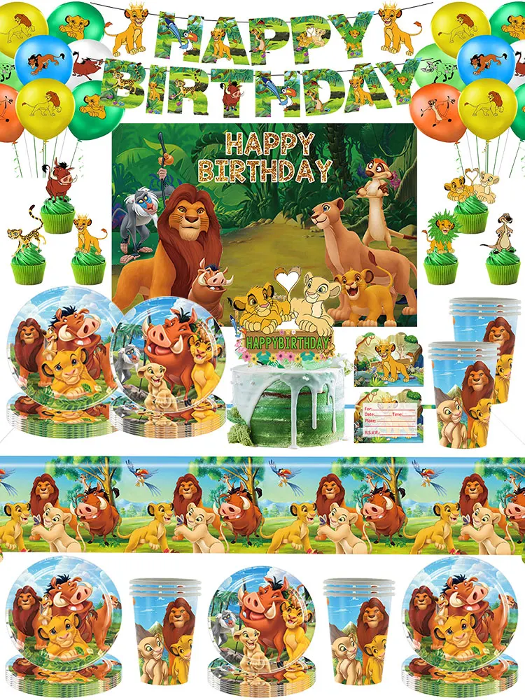 König der Löwen Geburtstagsparty Dekoration Simba Tischgeschirr Teller Becher Ballon Set Banner Hintergrund Geschenktüten Aufkleber Kinderparty Zubehör