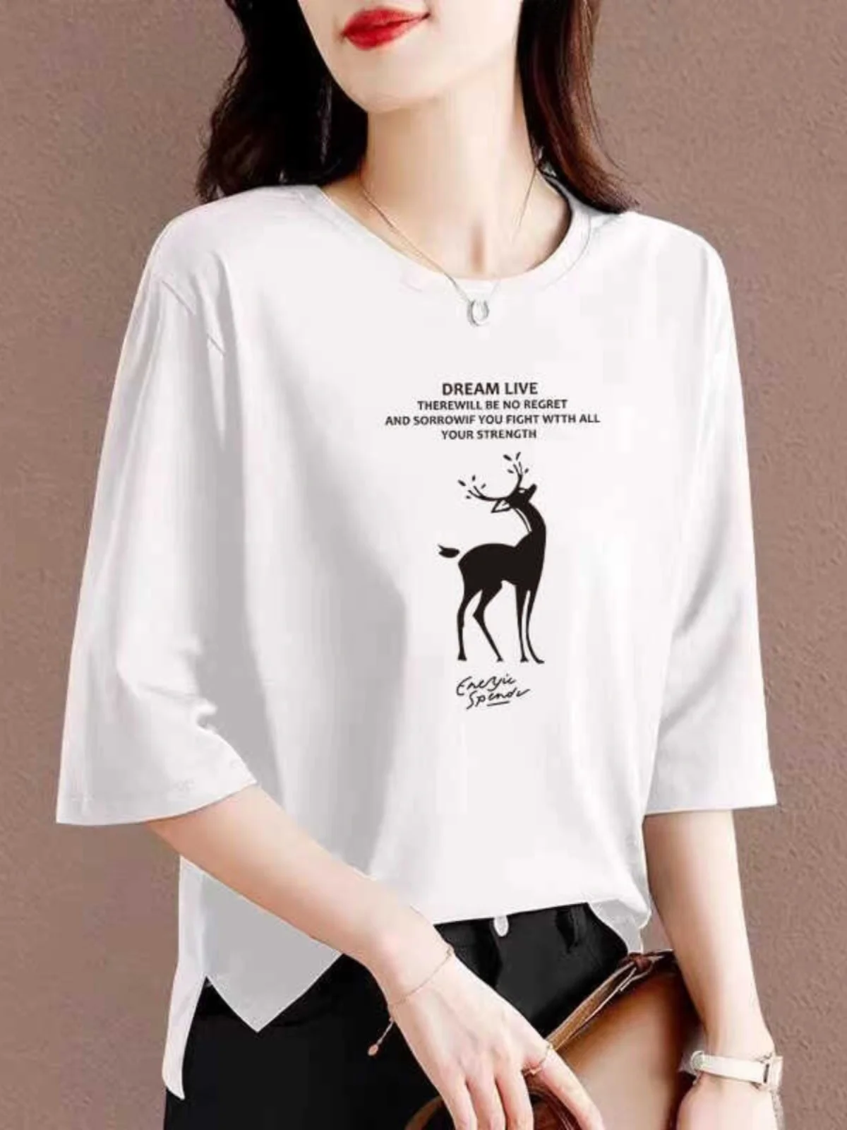 

High-End Cotton Ladies T-Shirt Summer New Style Asymmetrical Slit Loose Cover-Up Spring Autumn Top Korean Style Commute Fashion