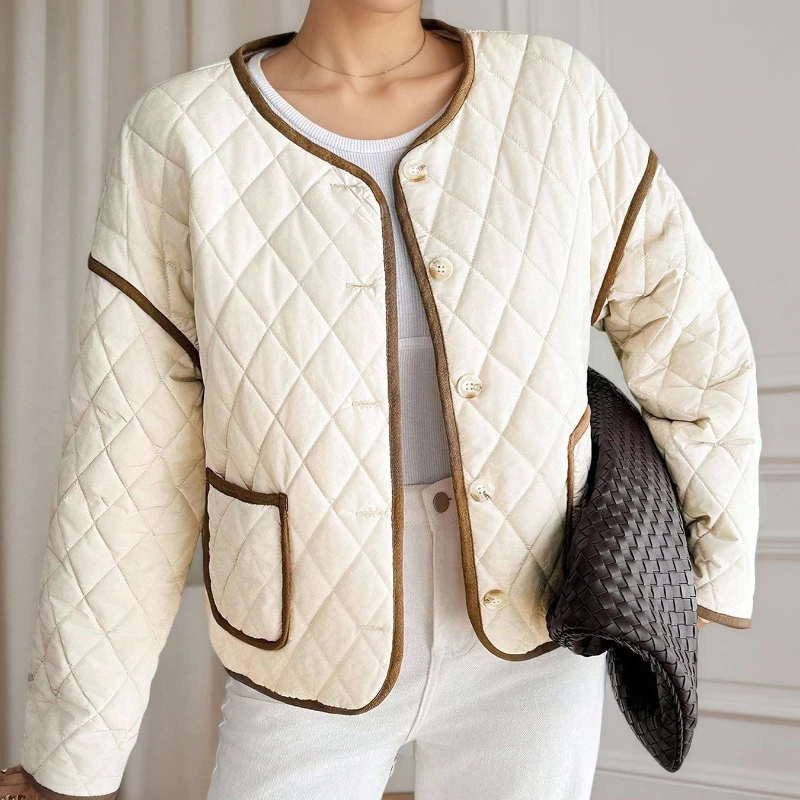 Elegant Women's Autumn Winter Casual Argyle Panelled Patchwork Thin Padded Jacket O-neck Long Sleeve Pockets Coats Jackets