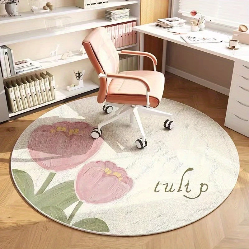 VIKAMA Pink Tulip Floral Round Area Rug Soft Fluffy Plush Circular Floor Mat Hand Painted Flower Pattern Non Slip Doormat Bedroo