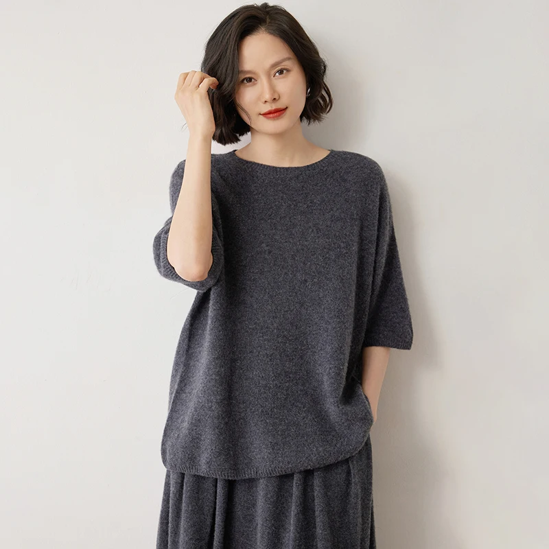 New 100% Cashmere Sweater Women\'s Large Round Neck Short Sleeve Casual Fashion Versatile Sweater