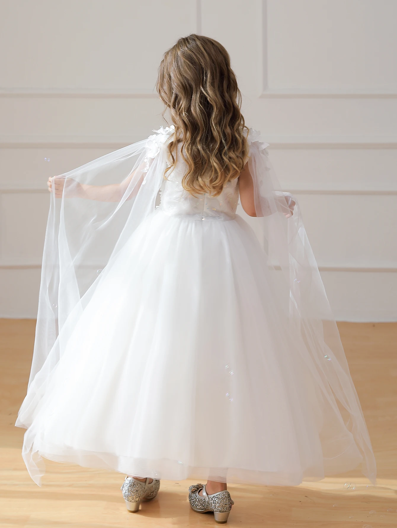 Long White Dress for Girls Draped Design Wedding Flower Child Dress Suitable for Birthday Parties Girl Costume