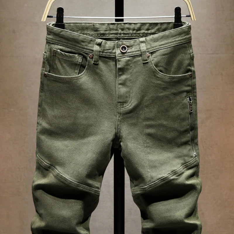 Street Designer Fashion Men Jeans Army Green Stretch Slim Fit Casual Jeans Men Zipper Pocket Hip Hop Vintage Denim Pants Hombre