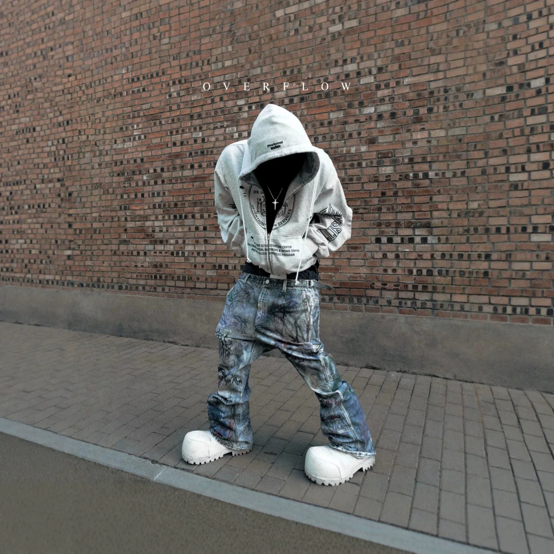 Grailz Water-washed Hole-Dyed Vintage Stained Patchwork Textured Print Zip-Up Hoodie for Men and Women Protocol Index