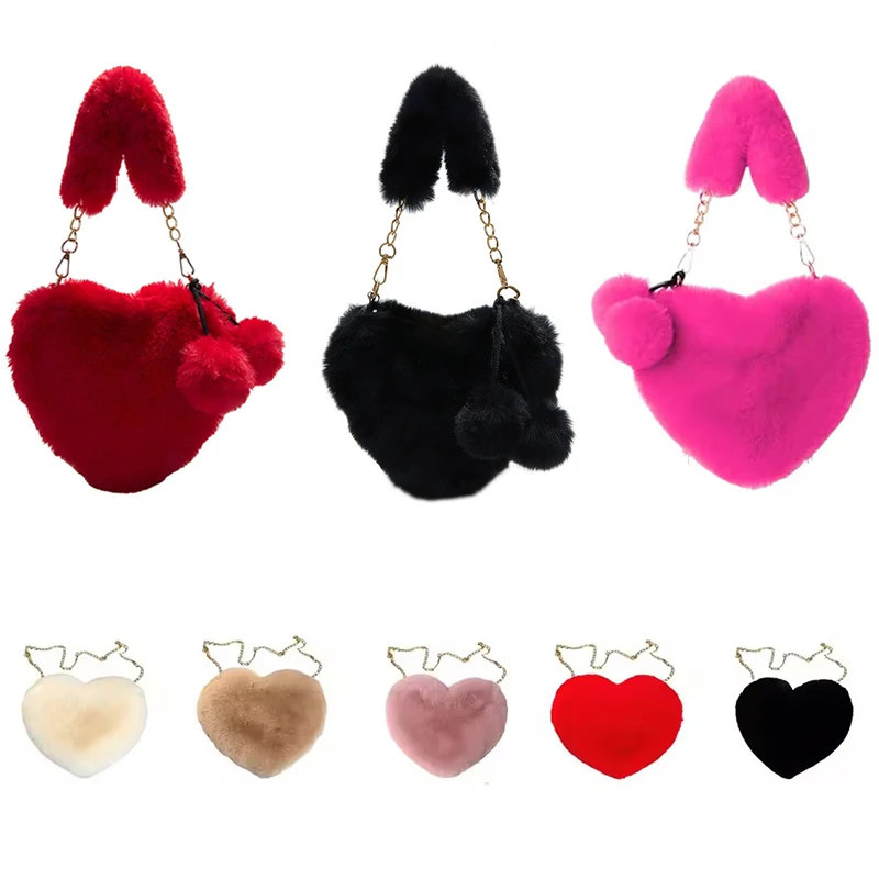 Mode frauen Herzförmige Handtaschen Nette Kawaii Faux Pelz Umhängetaschen Geldbörse Plüsch Kette Schulter Tasche Dame Handtasche