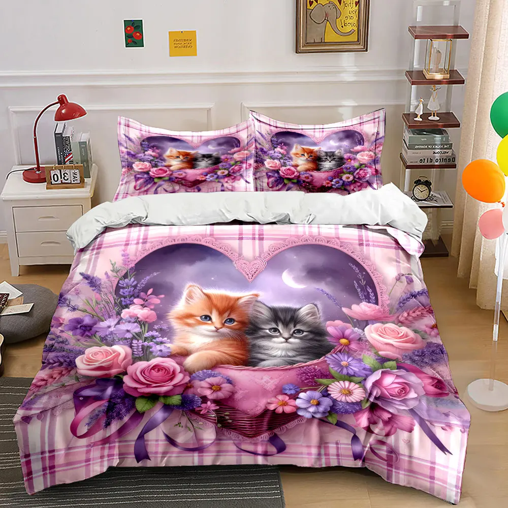 Romantic Floral Kitten Gift Set  kid's and adults' bedroom decor, Exquisite three-piece bedding set gift